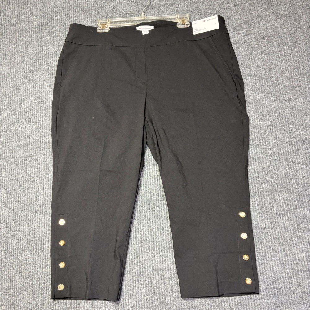 Liz Claiborne April Slim Leg Crop Pants Black Gold Button Hem 18W New